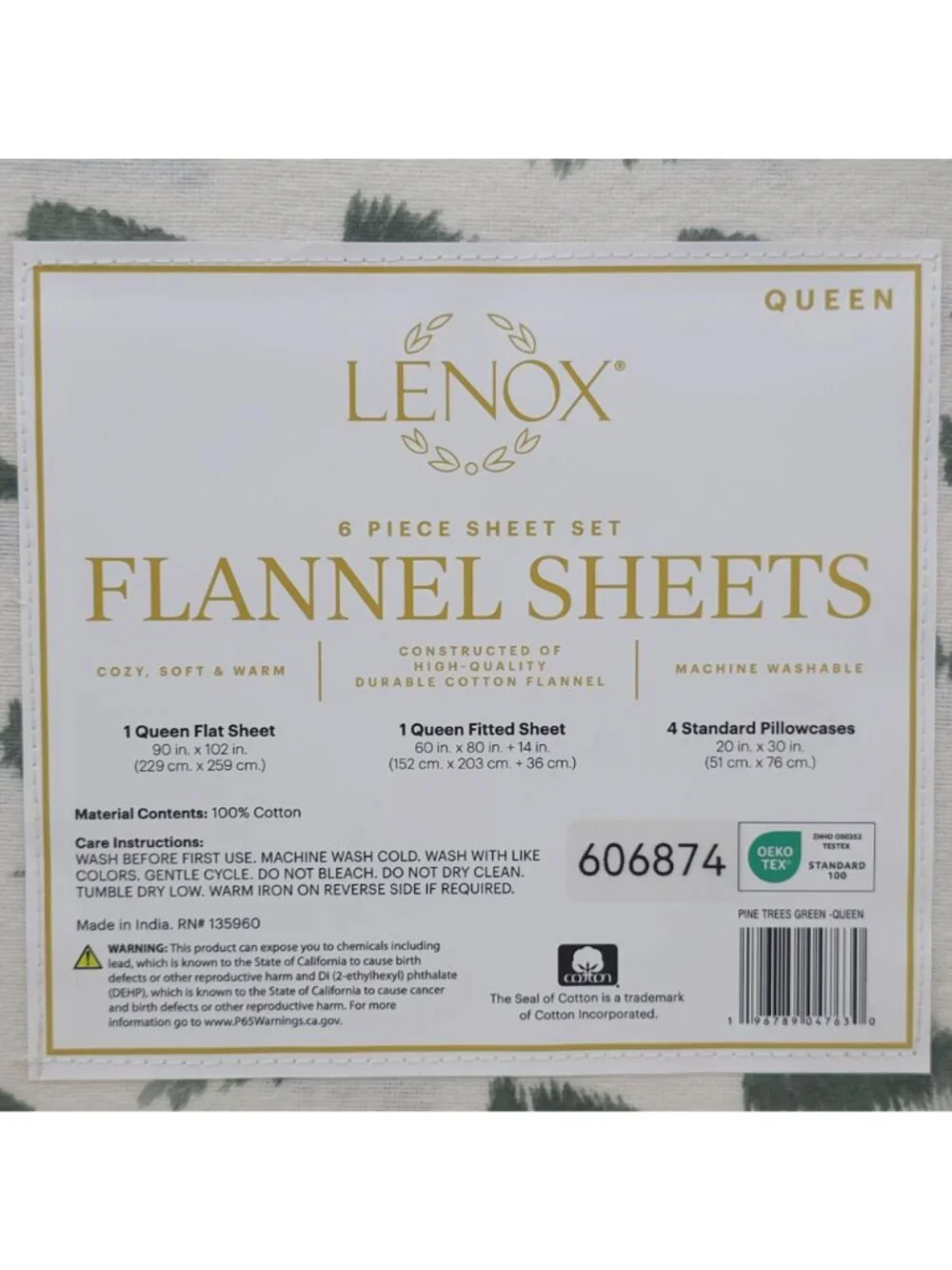 Lenox 6-Piece Queen Flannel Sheet Set Pine Trees Green 100% Cotton Warm & Cozy